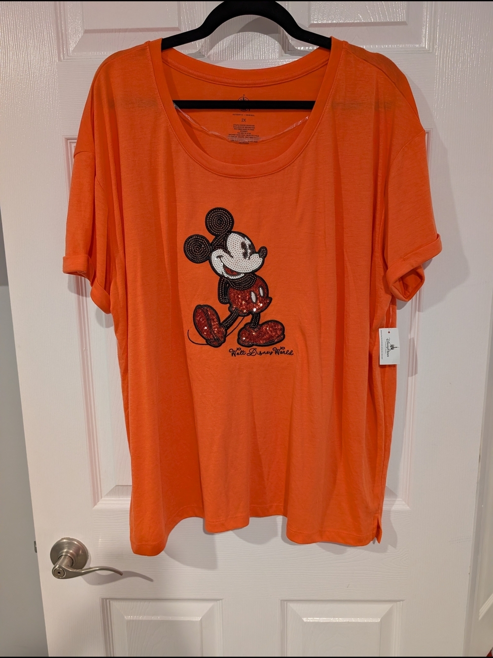 NWT Disney Parks Orange Sequin Mickey Mouse Graphic Tee in Size 2X